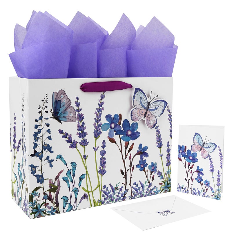 Qirrmiy 13"" Large Purple Gift Bag Set with Greeting Card and Tissue Paper (Lavender and 3D Butterfly) Women's Birthday  Girls Party  Mother's Day  Wedding  Valentine's Day - Image 1